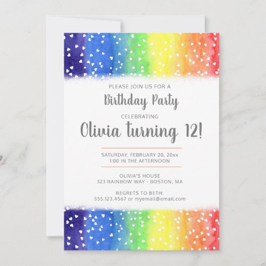 Rainbow Hearts Birthday Party Invitation Kaart (Voorkant)