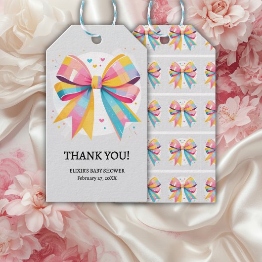Rainbow Hearts Bow Baby shower Cadeaulabel