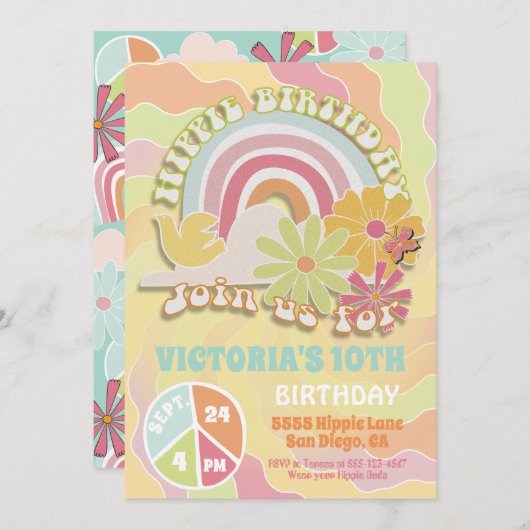 Rainbow Hippie Anniversaire Fête Invitation (Devant / Derrière)