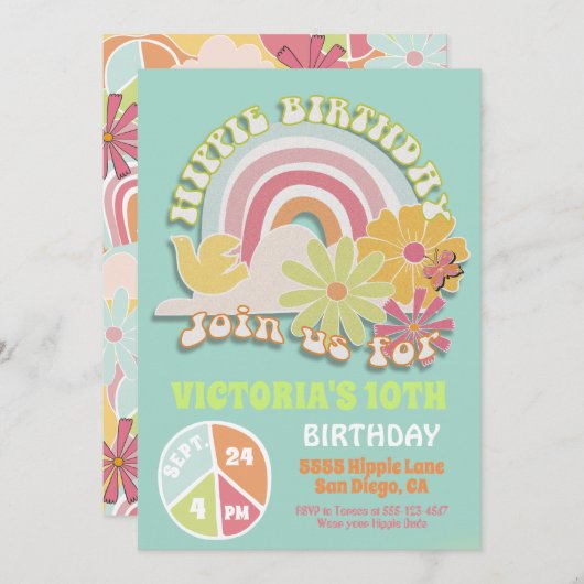 Rainbow Hippie Anniversaire Fête Invitation (Devant / Derrière)