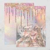 Rainbow Holographic Glitter Drips Photo Sweet 16 Kaart (Voorkant / Achterkant)