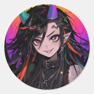 Rainbow Horned Gothic Punk Anime Meisje Ronde Sticker