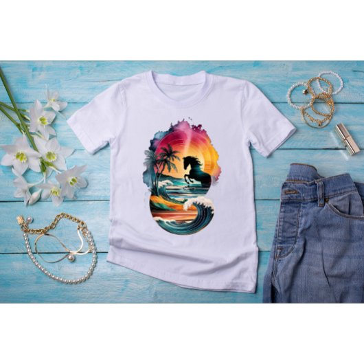 Rainbow Horse kunst met zonsondergang strand lands T-shirt