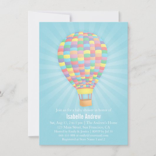 Rainbow Hot Air Balloon Baby Shower Invitations (Devant)