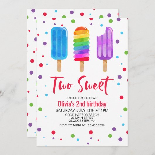Rainbow Ice Pops Two Sweet 2nd Birthday Invitation (Devant / Derrière)