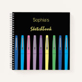 Rainbow Ink Pens Kind Black Sketchbook met naam Notitieboek (Voorkant)