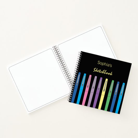 Rainbow Ink Pens Kind Black Sketchbook met naam Notitieboek (Binnen)