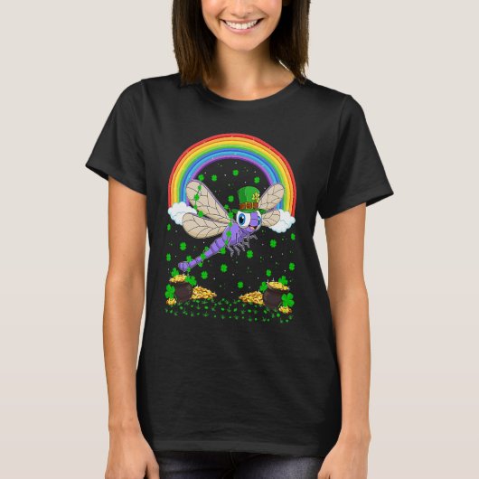 Rainbow Irish Shamrock Dragonfly St Patrick's Day T-shirt (Voorkant)
