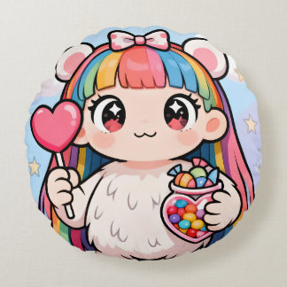 Rainbow Kawaii Bear Round Cushion Rond Kussen