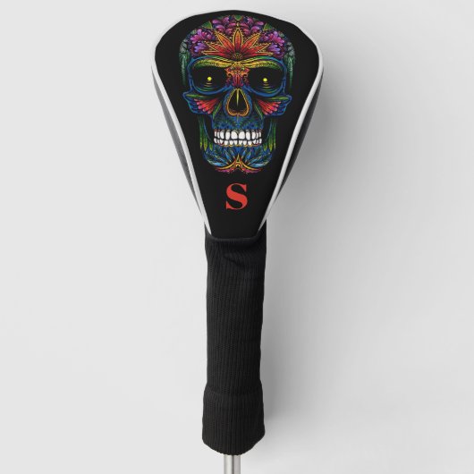Rainbow Kleur Mexicaanse Sugar Skull Monogram Init Golfheadcover (Voorkant)
