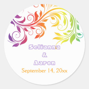 Rainbow-kleuren scroll leaf bruiloft Save the Date Ronde Sticker