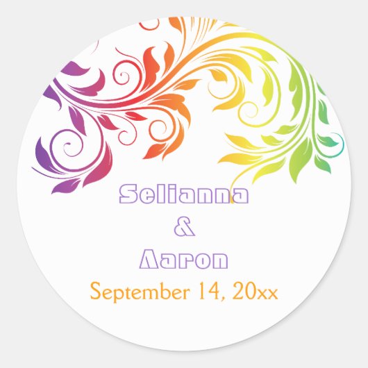 Rainbow-kleuren scroll leaf bruiloft Save the Date Ronde Sticker (Voorkant)