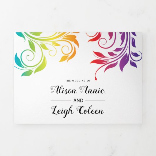 Rainbow-kleuren scrolleaf lesbische winterbruiloft drieluik uitnodiging (Cover)