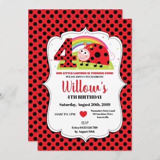 Rainbow Ladybug 4e anniversaire Invitations fille (Devant / Derrière)