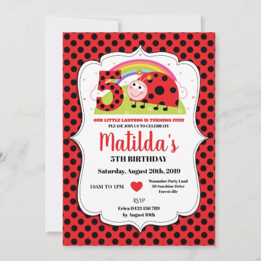 Rainbow Ladybug 5th Birthday Invitation Girl Kaart (Voorkant)