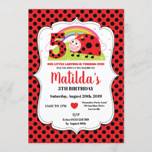 Rainbow Ladybug 5th Birthday Invitation Girl Kaart