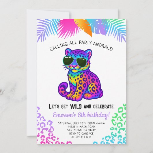 Rainbow Leopard Party Animals Birthday Invitation Kaart (Voorkant)