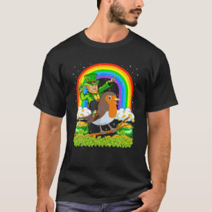 Rainbow Leprechaun Riding American Robin Bird St. T-shirt