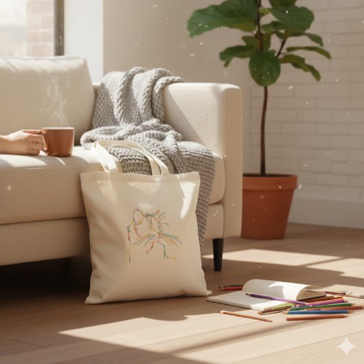 Rainbow Line Art Cat Portrait Minimalist Tote Bag