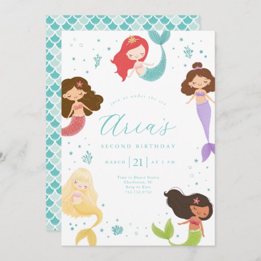 Rainbow Little Mermaid Invitation d'anniversaire (Devant / Derrière)