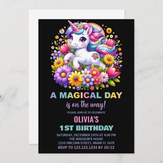Rainbow Little Unicorn Invitations d'anniversaire (Devant / Derrière)