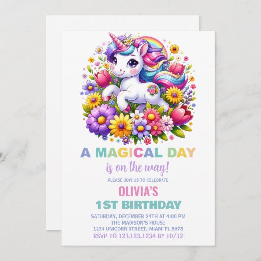 Rainbow Little Unicorn Invitations d'anniversaire (Devant / Derrière)