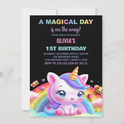 Rainbow Little Unicorn Invitations d'anniversaire (Devant)