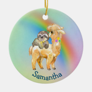 Rainbow Llama Sloth Aangepast Schattig Keramisch Ornament
