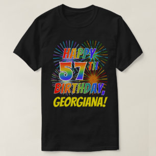 Rainbow Look HAPPY 57E VERJAARDAG; Vuurwerk + Naam T-shirt