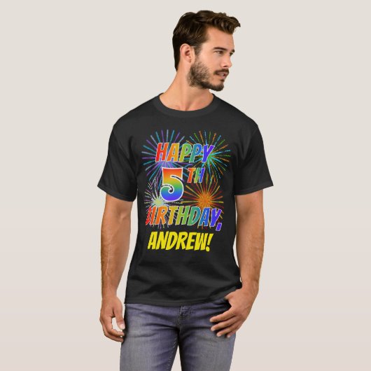 Rainbow Look HAPPY 5TH VERJAARDAG; Vuurwerk + Naam T-shirt (Voorkant volledig)