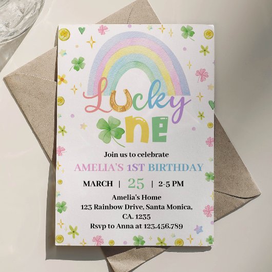 Rainbow Lucky One First Birthday Invitation