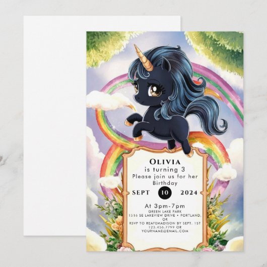 Rainbow Magical Black Eenhoorn Verjaardag Kaart (Voorkant / Achterkant)