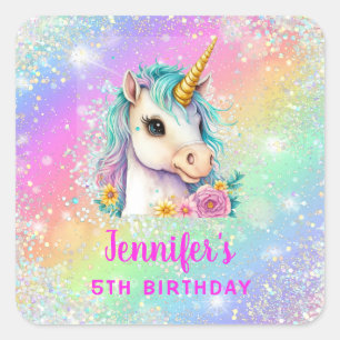 Rainbow Magical Eenhoorn Sparkle Verjaardag Vierkante Sticker