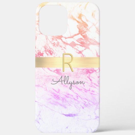 Rainbow Marble & Gold Bar, DIY Grijs Naam & Monogr Case-Mate iPhone Case (Achterkant)