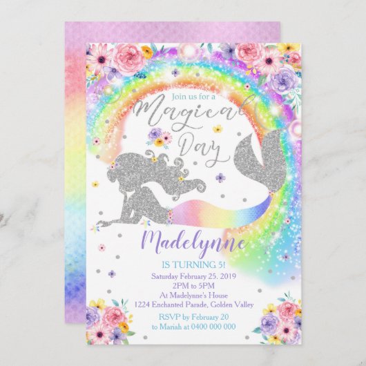 Rainbow Mermaid Invitation Silver Mermaid (Devant / Derrière)