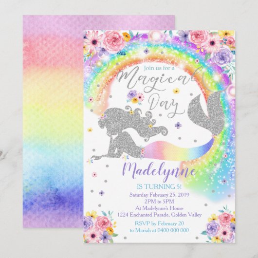 Rainbow Mermaid Invitation Zilveren Zeemeermin Kaart (Voorkant / Achterkant)