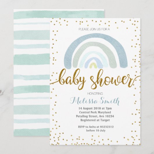 Rainbow Mint bleu baby shower Invitation carte gar (Devant / Derrière)