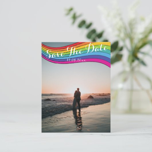 Rainbow Modern Casual foto Wedding Save the Date Briefkaart (Staand voorkant)