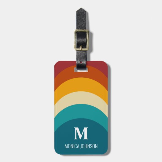 Rainbow Monogram Aangepaste naam Retro Sunset Stri Bagagelabel (Voorkant verticaal)