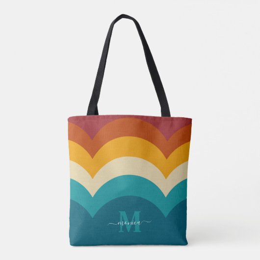 Rainbow Monogram Aangepaste naam Retro Sunset Stri Draagtas (Achterkant)