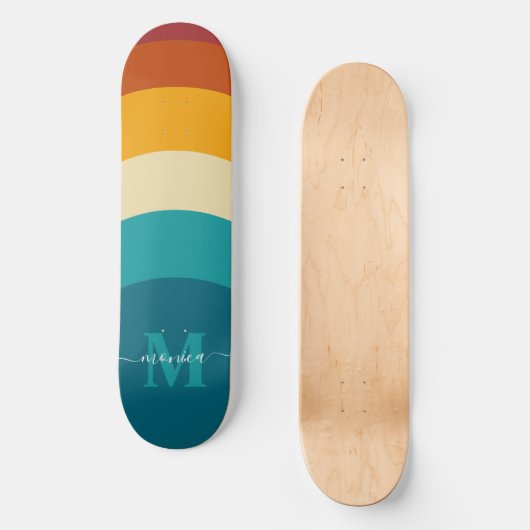 Rainbow Monogram Aangepaste naam Retro Sunset Stri Skateboard (Voorkant)