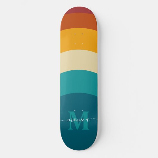 Rainbow Monogram Aangepaste naam Retro Sunset Stri Skateboard (Voorkant)
