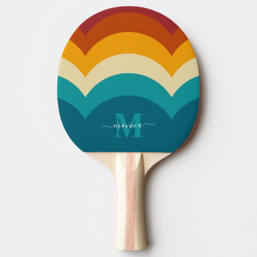 Rainbow Monogram Aangepaste naam Retro Sunset Stri Tafeltennisbatje (Voorkant)