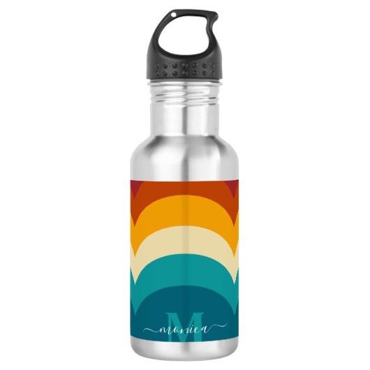 Rainbow Monogram Aangepaste naam Retro Sunset Stri Waterfles (Voorkant)