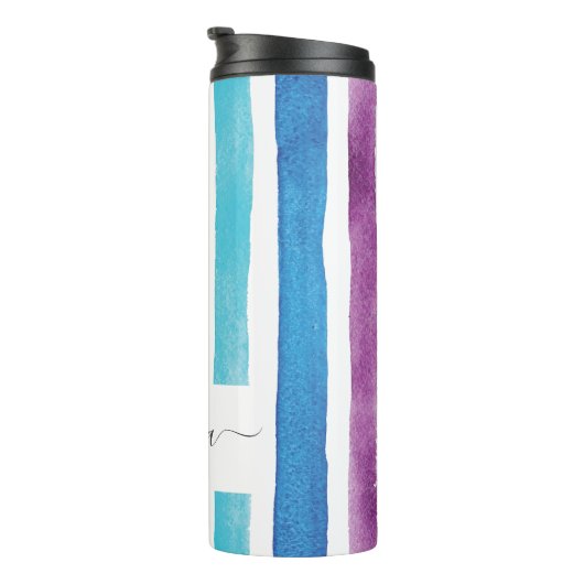 Rainbow Monogram Script Naam Stripes Aangepast Thermosbeker (Geroteerd rechts)