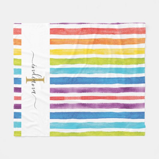Rainbow Monogram Script Name Waterverf Stripes Fleece Deken (Voorkant (Horizontaal))