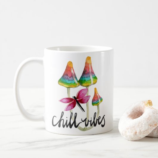 Rainbow Mushroom Chill Vibes Coffee Mok (Met donut)