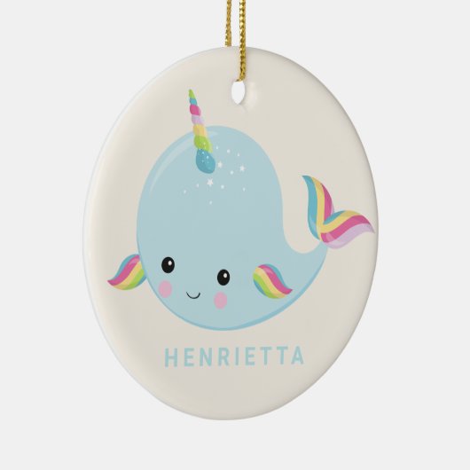 Rainbow Narwhal Kawaii Pattern Pastel Blue Name Keramisch Ornament (Rechts)