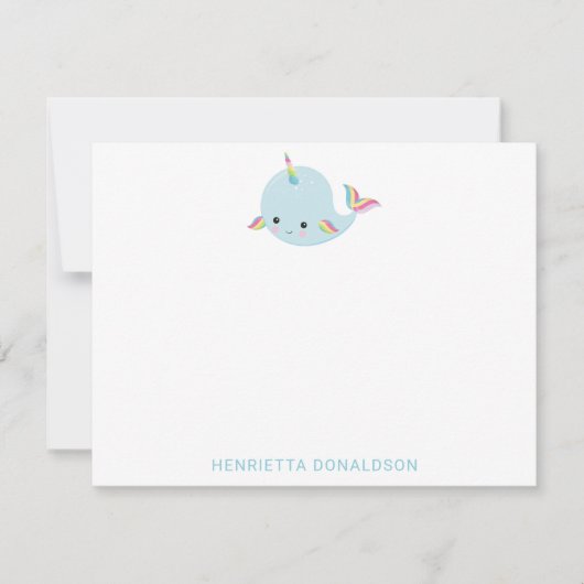 Rainbow Narwhal Kawaii Pattern Pastel Blue Name Notitiekaartje (Voorkant)