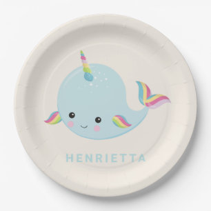 Rainbow Narwhal Kawaii Pattern Pastel Blue Name Papieren Bordje